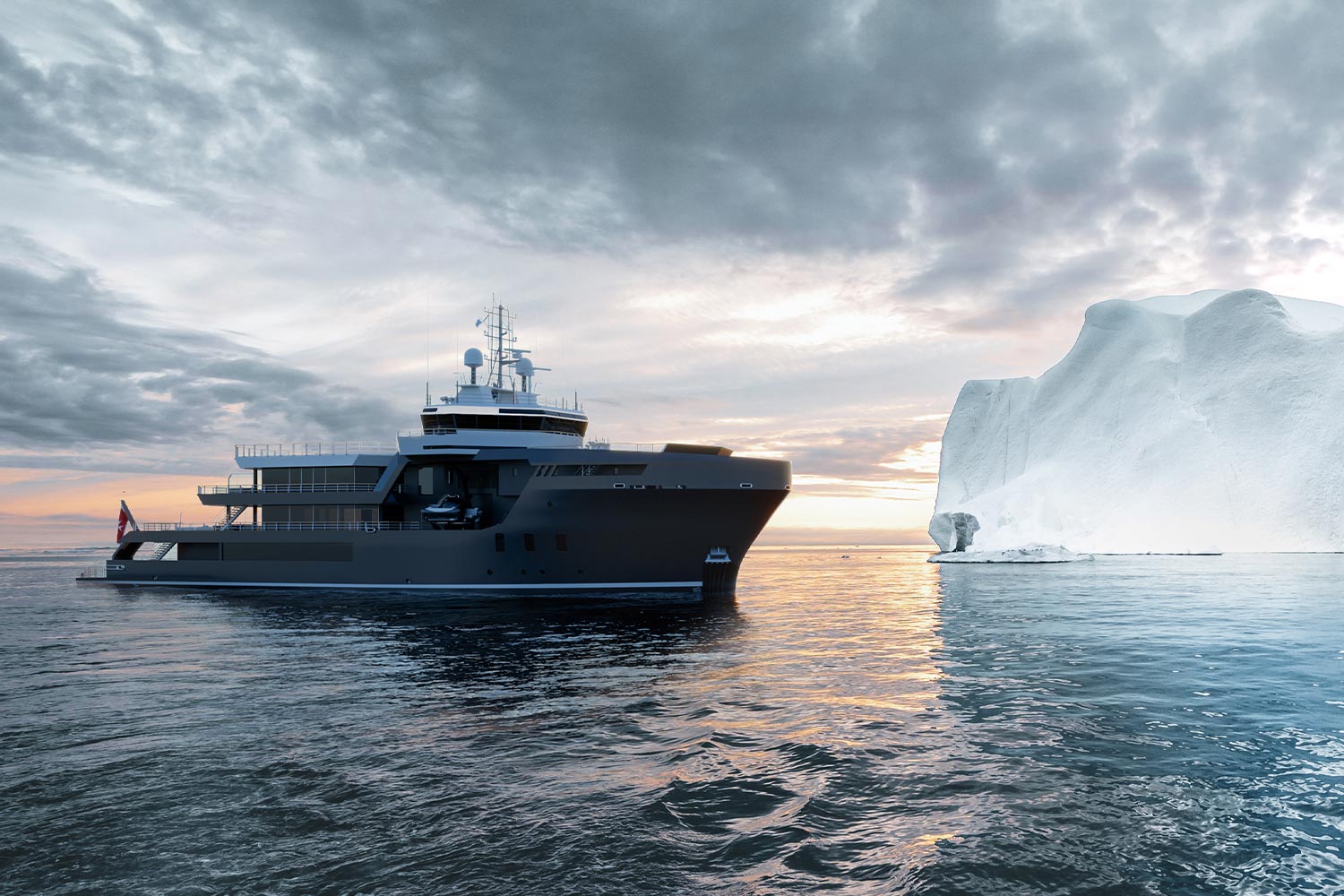 Project Master explorer beside an iceberg in golden light